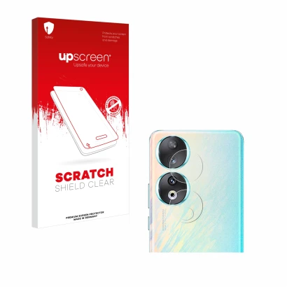 Parte frontal de un envase de producto con el logotipo de la marca upscreen. Al lado se muestra el dispositivo Honor 90 (SÓLO