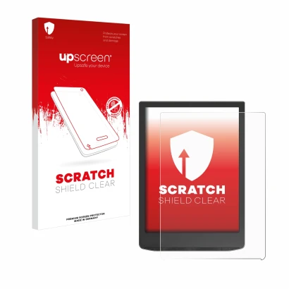Parte frontal de un envase de producto con el logotipo de la marca upscreen. Al lado se muestra el dispositivo PocketBook InkP