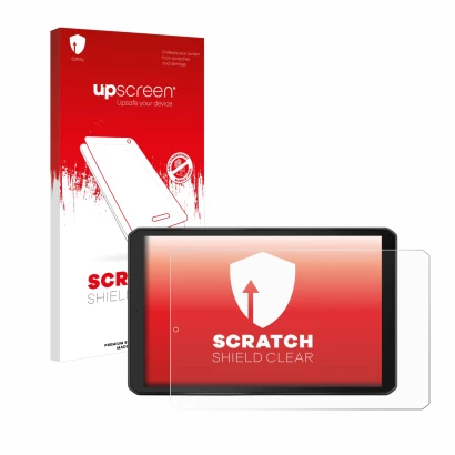 Parte frontal de un envase de producto con el logotipo de la marca upscreen. Al lado se muestra el dispositivo Garmin Camper 8