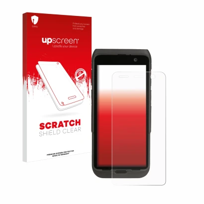 Parte frontal de un envase de producto con el logotipo de la marca upscreen. Al lado se muestra el dispositivo Honeywell CT47