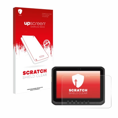 Parte frontal de un envase de producto con el logotipo de la marca upscreen. Al lado se muestra el dispositivo Zebra ET60 con 