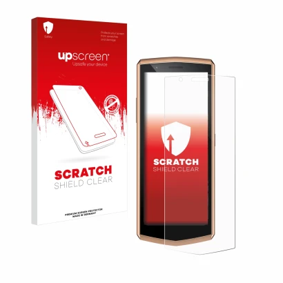 Parte frontal de un envase de producto con el logotipo de la marca upscreen. Al lado se muestra el dispositivo Cubot Pocket 3