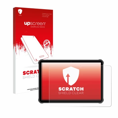 Parte frontal de un envase de producto con el logotipo de la marca upscreen. Al lado se muestra el dispositivo Oukitel RT5 con