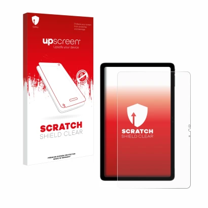 Parte frontal de un envase de producto con el logotipo de la marca upscreen. Al lado se muestra el dispositivo Doogee T20s con