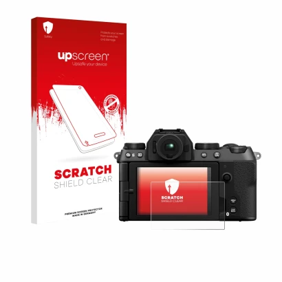 Parte frontal de un envase de producto con el logotipo de la marca upscreen. Al lado se muestra el dispositivo Fujifilm X-S20