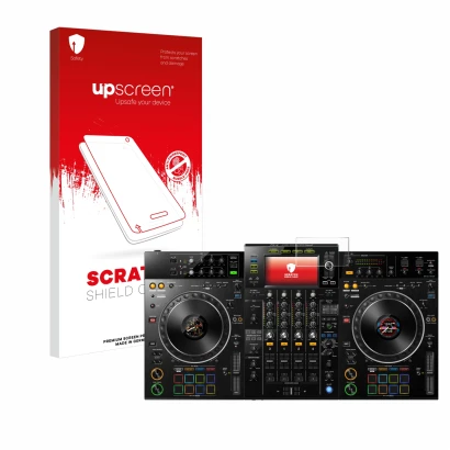 Parte frontal de un envase de producto con el logotipo de la marca upscreen. Al lado se muestra el dispositivo Pioneer XDJ -XZ