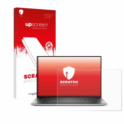 Parte frontal de un envase de producto con el logotipo de la marca upscreen. Al lado se muestra el dispositivo Dell XPS 15 953