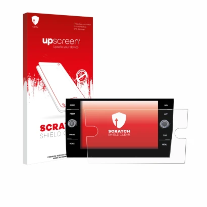 Parte frontal de un envase de producto con el logotipo de la marca upscreen. Al lado se muestra el dispositivo Volkswagen Taig