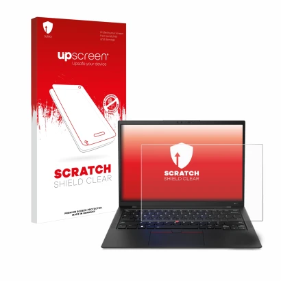 Parte frontal de un envase de producto con el logotipo de la marca upscreen. Al lado se muestra el dispositivo Lenovo ThinkPad