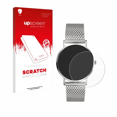 Parte frontal de un envase de producto con el logotipo de la marca upscreen. Al lado se muestra el dispositivo Liebeskind New