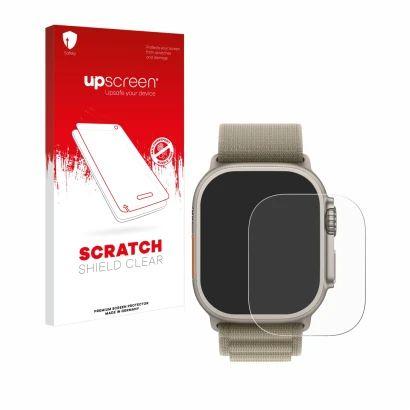 Parte frontal de un envase de producto con el logotipo de la marca upscreen. Al lado se muestra el dispositivo Apple Watch Ult