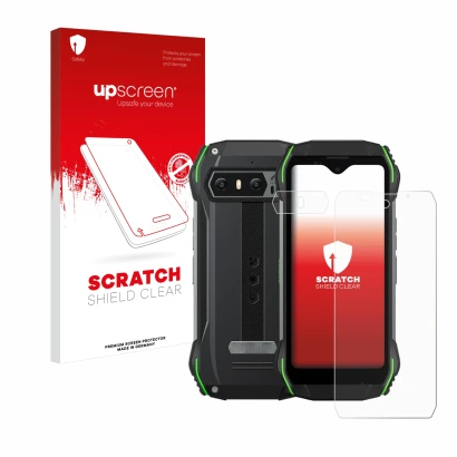 Parte frontal de un envase de producto con el logotipo de la marca upscreen. Al lado se muestra el dispositivo Blackview N6000