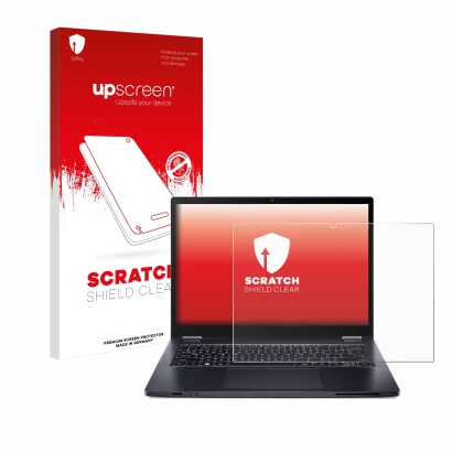 Parte frontal de un envase de producto con el logotipo de la marca upscreen. Al lado se muestra el dispositivo Acer TravelMate