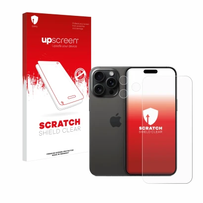Parte frontal de un envase de producto con el logotipo de la marca upscreen. Al lado se muestra el dispositivo Apple iPhone 15