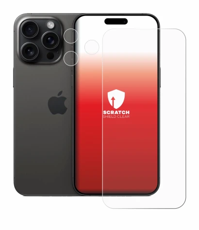 Imagen del dispositivo Apple iPhone 15 Pro Max (Frontal+Cámara) con una amplia variedad de protectores de pantalla.