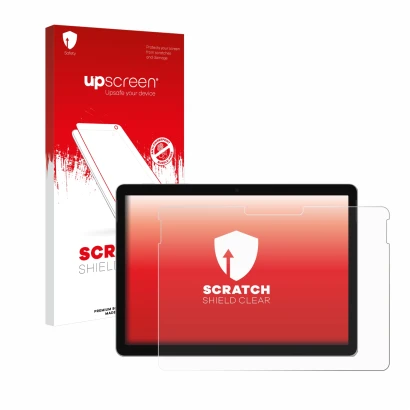 Parte frontal de un envase de producto con el logotipo de la marca upscreen. Al lado se muestra el dispositivo Microsoft Surfa