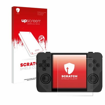 Parte frontal de un envase de producto con el logotipo de la marca upscreen. Al lado se muestra el dispositivo Powkiddy RGB30