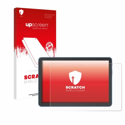 Parte frontal de un envase de producto con el logotipo de la marca upscreen. Al lado se muestra el dispositivo Amazon Fire HD
