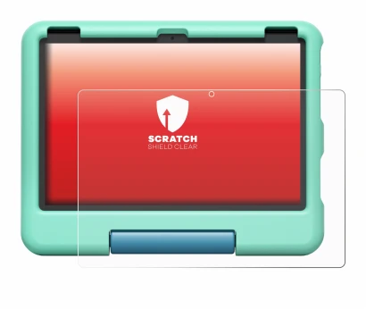 Imagen del dispositivo Amazon Fire HD 10 Kids 2023 con una amplia variedad de protectores de pantalla.