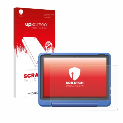 Parte frontal de un envase de producto con el logotipo de la marca upscreen. Al lado se muestra el dispositivo Amazon Fire HD 