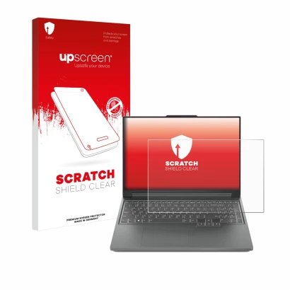 Parte frontal de un envase de producto con el logotipo de la marca upscreen. Al lado se muestra el dispositivo Lenovo Legion S