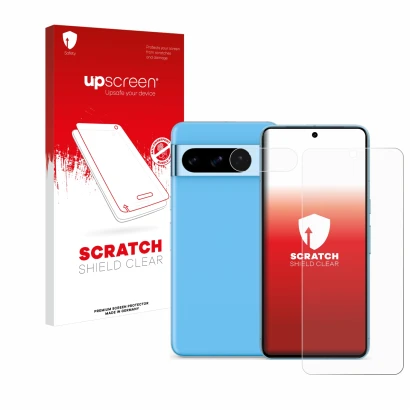 Parte frontal de un envase de producto con el logotipo de la marca upscreen. Al lado se muestra el dispositivo Google Pixel 8 