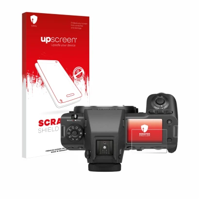 Parte frontal de un envase de producto con el logotipo de la marca upscreen. Al lado se muestra el dispositivo Fujifilm GFX100