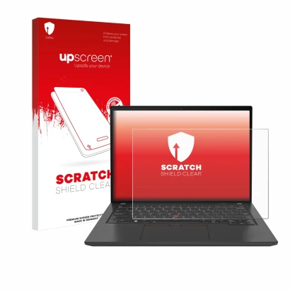 Parte frontal de un envase de producto con el logotipo de la marca upscreen. Al lado se muestra el dispositivo Lenovo ThinkPad