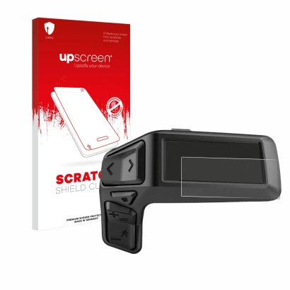 Parte frontal de un envase de producto con el logotipo de la marca upscreen. Al lado se muestra el dispositivo Bosch Purion 20