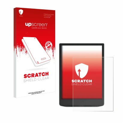 Parte frontal de un envase de producto con el logotipo de la marca upscreen. Al lado se muestra el dispositivo PocketBook InkP