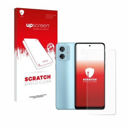 Parte frontal de un envase de producto con el logotipo de la marca upscreen. Al lado se muestra el dispositivo Motorola Moto G