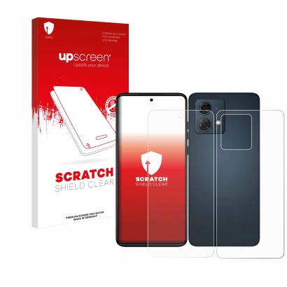 Parte frontal de un envase de producto con el logotipo de la marca upscreen. Al lado se muestra el dispositivo Motorola Moto G