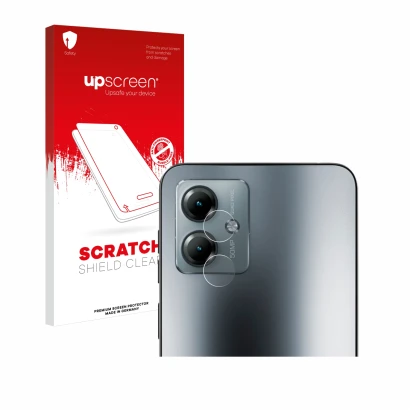 Parte frontal de un envase de producto con el logotipo de la marca upscreen. Al lado se muestra el dispositivo Motorola Moto G