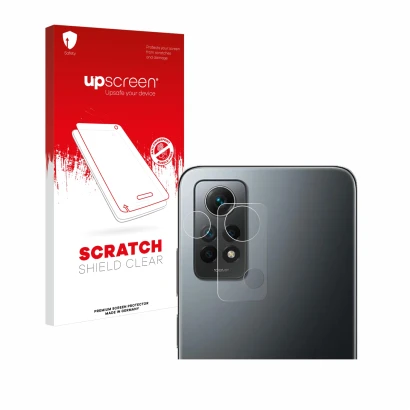Parte frontal de un envase de producto con el logotipo de la marca upscreen. Al lado se muestra el dispositivo Xiaomi Redmi No