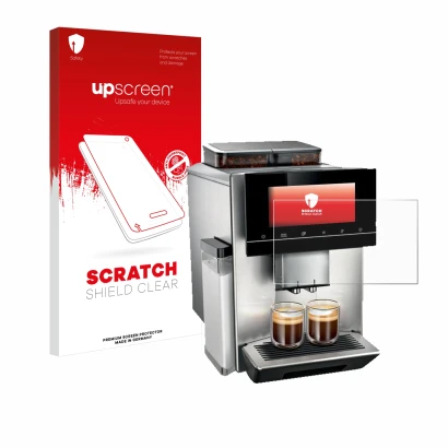 Parte frontal de un envase de producto con el logotipo de la marca upscreen. Al lado se muestra el dispositivo Siemens EQ900 T