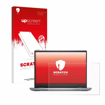 Parte frontal de un envase de producto con el logotipo de la marca upscreen. Al lado se muestra el dispositivo Dell Precision