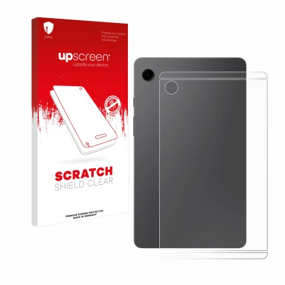 Parte frontal de un envase de producto con el logotipo de la marca upscreen. Al lado se muestra el dispositivo Samsung Galaxy 