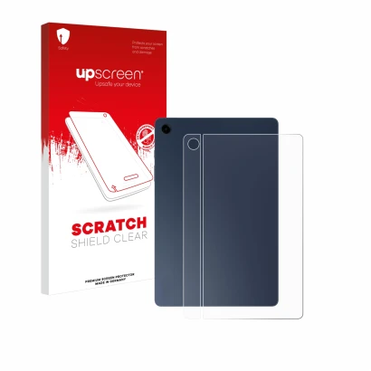 Parte frontal de un envase de producto con el logotipo de la marca upscreen. Al lado se muestra el dispositivo Samsung Galaxy 