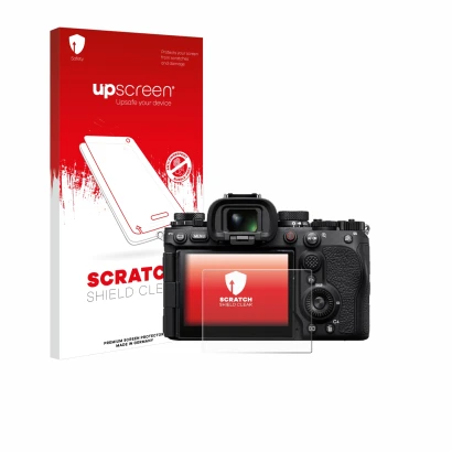 Parte frontal de un envase de producto con el logotipo de la marca upscreen. Al lado se muestra el dispositivo Sony Alpha 9 II