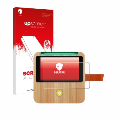 Parte frontal de un envase de producto con el logotipo de la marca upscreen. Al lado se muestra el dispositivo tigerbox Touch
