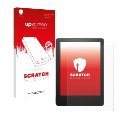 Parte frontal de un envase de producto con el logotipo de la marca upscreen. Al lado se muestra el dispositivo Amazon Kindle P