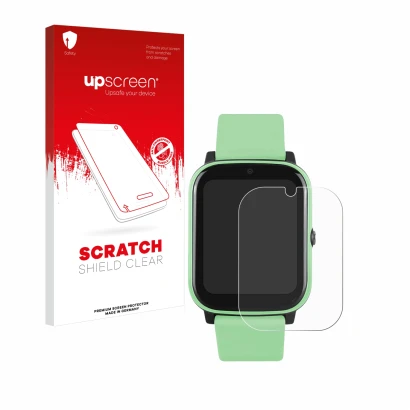 Parte frontal de un envase de producto con el logotipo de la marca upscreen. Al lado se muestra el dispositivo One2Track Conne
