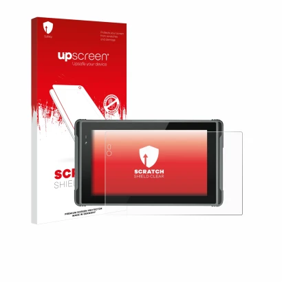 Parte frontal de un envase de producto con el logotipo de la marca upscreen. Al lado se muestra el dispositivo Hugerock X7 con