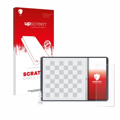 Parte frontal de un envase de producto con el logotipo de la marca upscreen. Al lado se muestra el dispositivo Chessnut Evo co