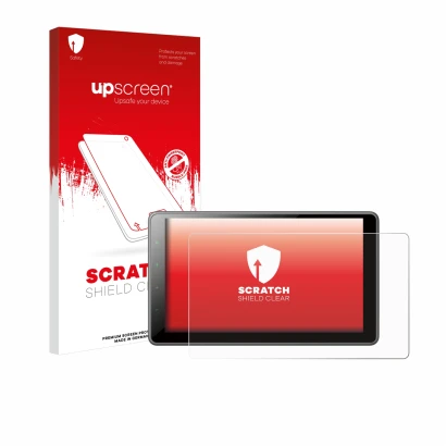 Parte frontal de un envase de producto con el logotipo de la marca upscreen. Al lado se muestra el dispositivo Pioneer SPH-EVO