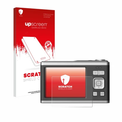 Parte frontal de un envase de producto con el logotipo de la marca upscreen. Al lado se muestra el dispositivo Rollei Compactl