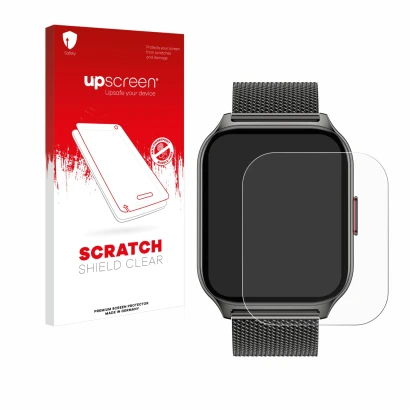 Parte frontal de un envase de producto con el logotipo de la marca upscreen. Al lado se muestra el dispositivo Popglory P95 2"