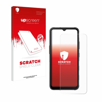 Parte frontal de un envase de producto con el logotipo de la marca upscreen. Al lado se muestra el dispositivo Samsung Galaxy