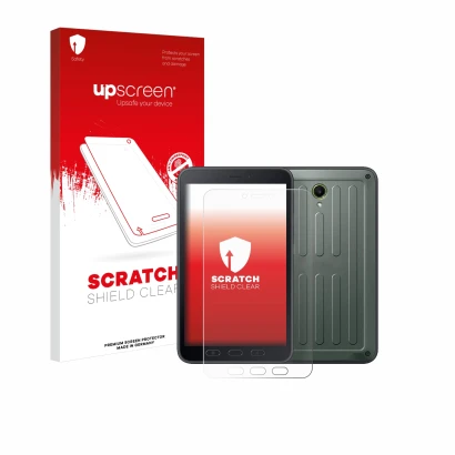 Parte frontal de un envase de producto con el logotipo de la marca upscreen. Al lado se muestra el dispositivo Samsung Galaxy 