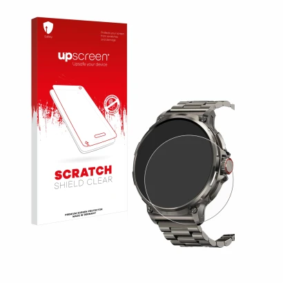 Parte frontal de un envase de producto con el logotipo de la marca upscreen. Al lado se muestra el dispositivo Tesofit Smartwa